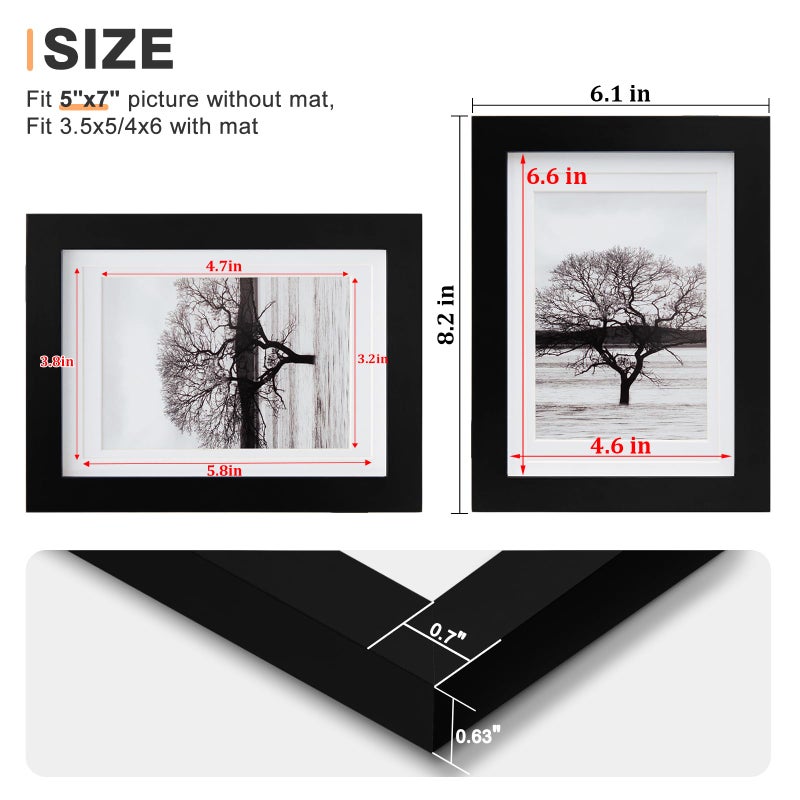 Egofine 5x7 Picture Frames Set of 4, Made of Solid Wood Covered by Plexiglass 3.5x5 and 4x6 with Mat or 5x7 without Mat, for Table Top Display and Wall Mounting Photo Frame Black - Image 3
